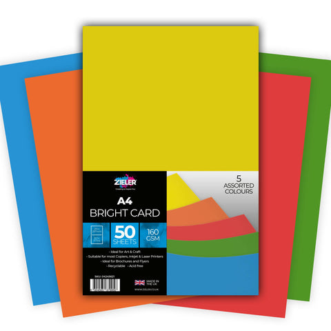 A4 Bright Coloured Card 160gsm 50 sheets 5 Assorted Colours